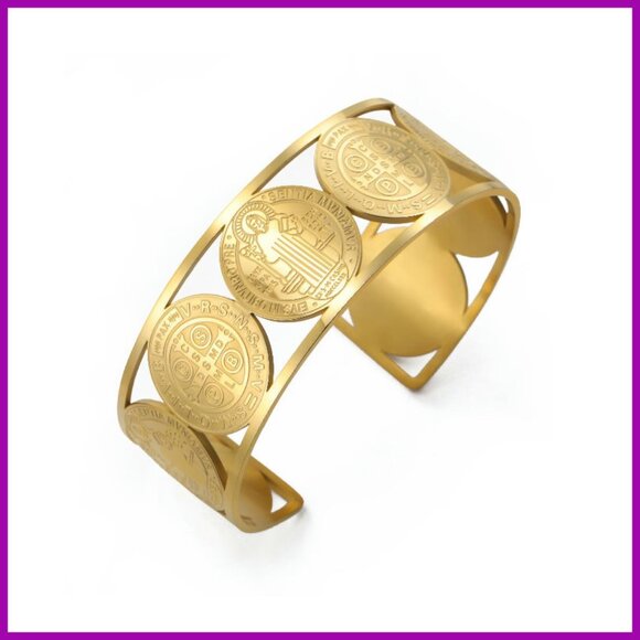 Adjustable St. Benedict Cuff Bracelet Stainless Steel Religious Jewelry - Picture 1 of 8